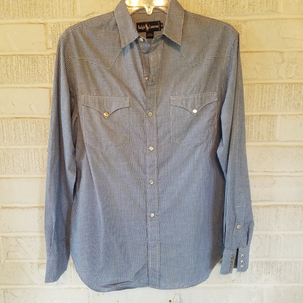 Ralph Lauren blue and white check. Pearl snap